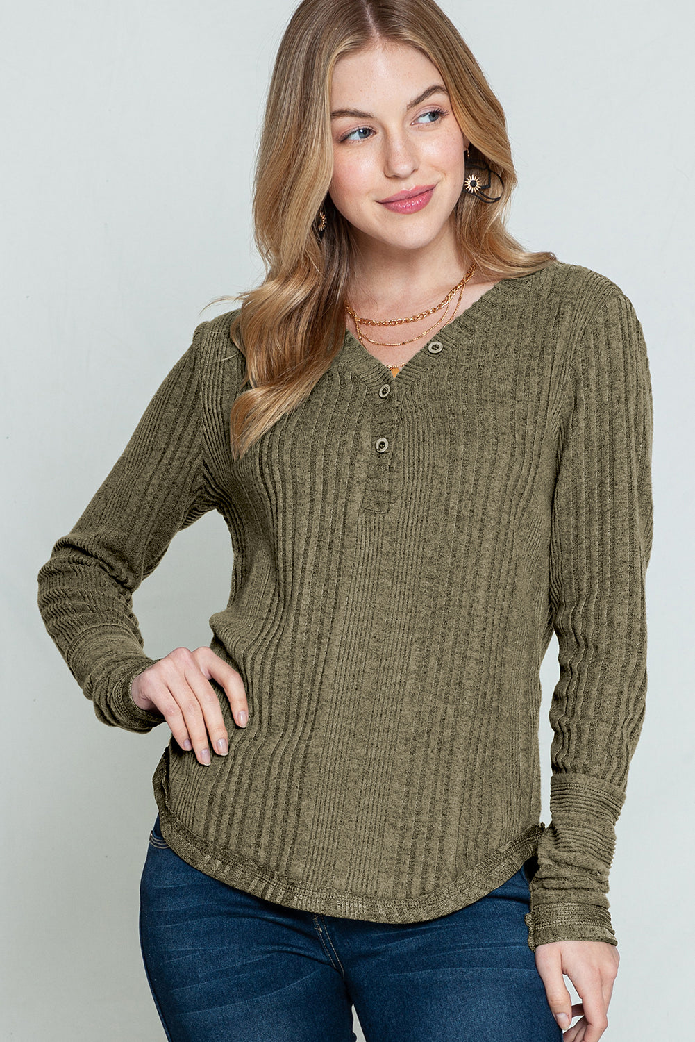 Pickle Green V Neck Buttoned Ribbed Knit Top