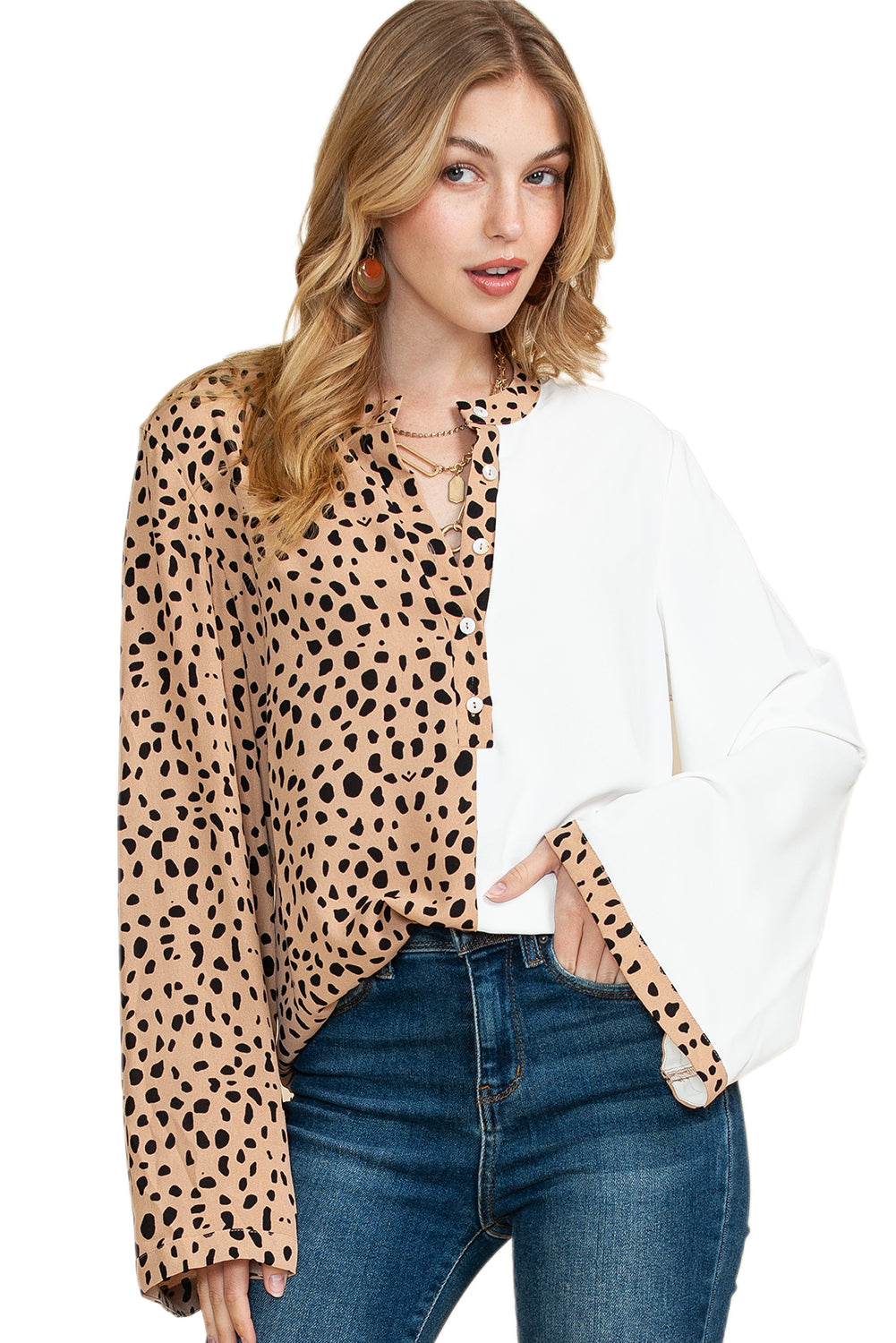 Khaki Leopard and White Patchwork Henley Blouse