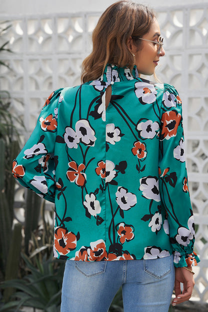 Green Mock Neck Top Floral Print Long Sleeve Silk Blouse