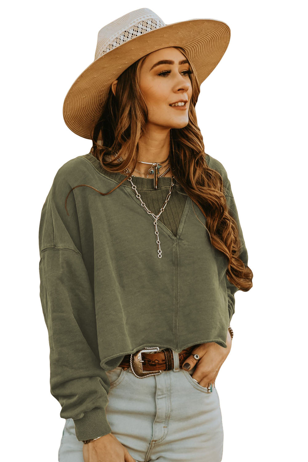 Green Casual Drop Shoulder Cropped Sweatshirt