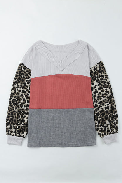 Leopard Print Color Block Waffle Knit Top