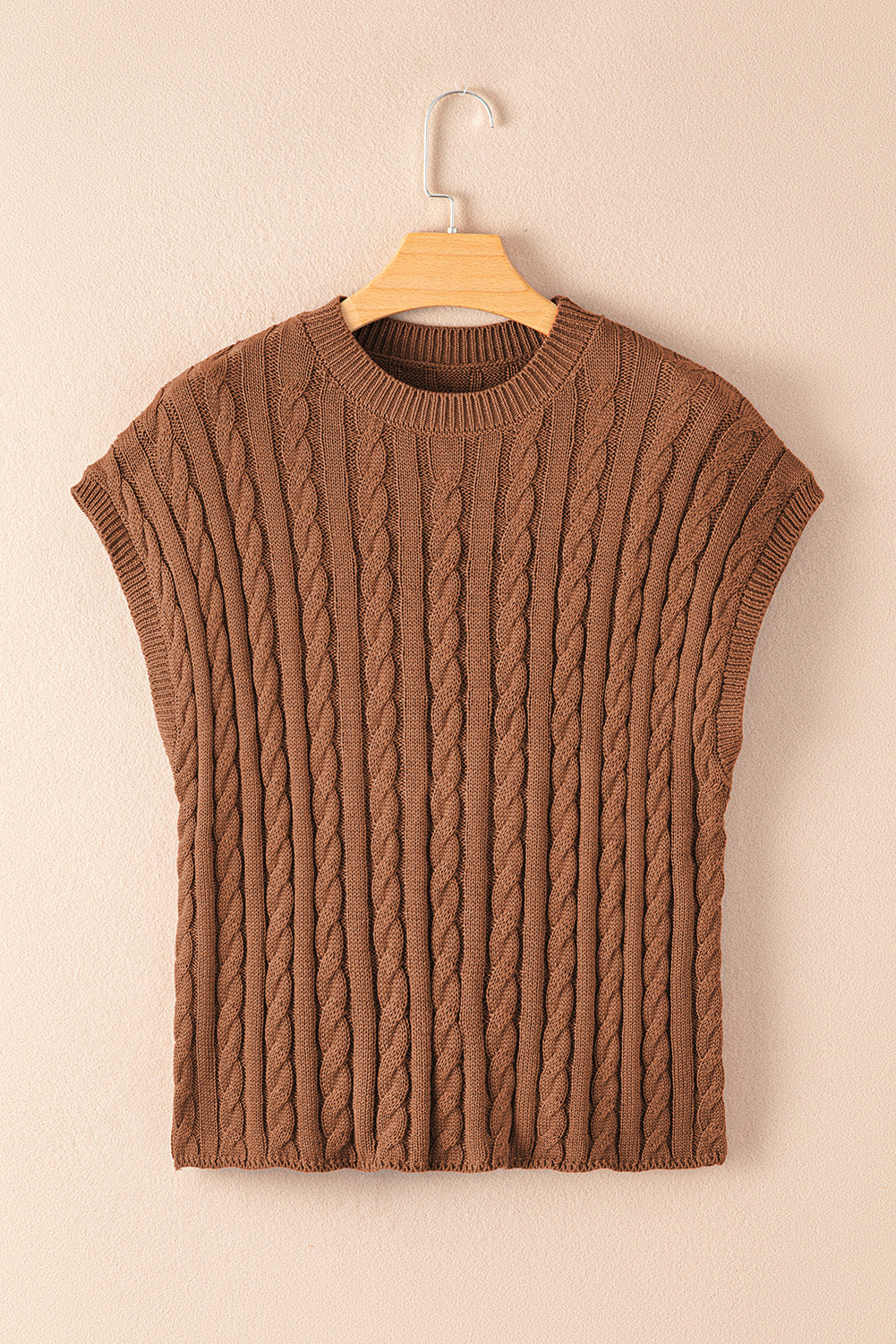 Gray Solid Cable Knit Short Sleeve Roun Neck Sweater