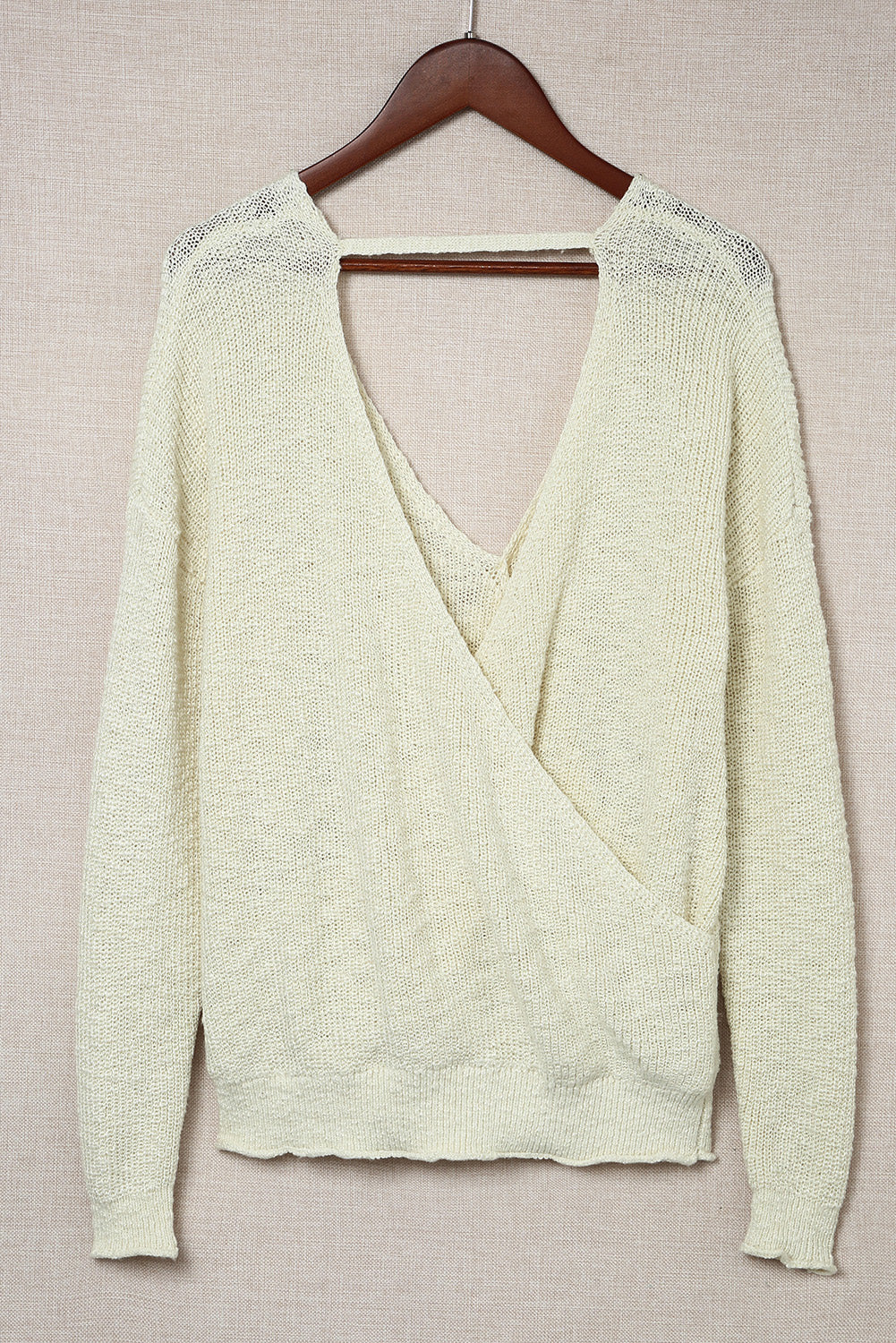 Beige Wrap Casual V Neck Backless Knit Sweater