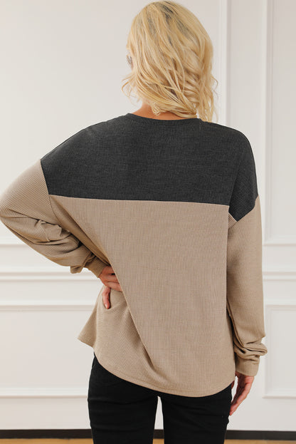 Carbon Grey Patchwork V Neck Corded Sweatshirt