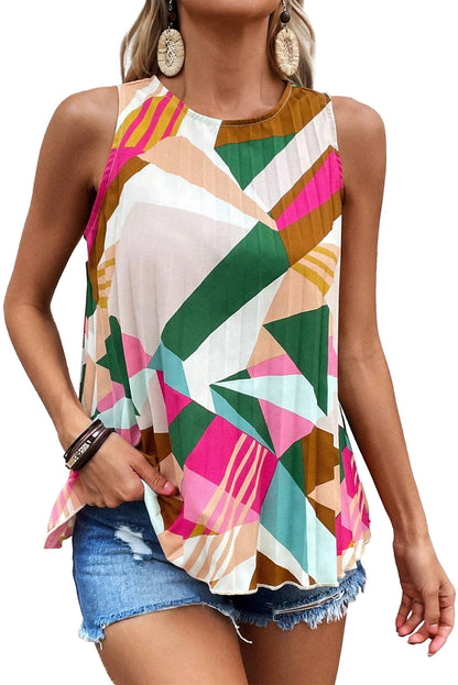 Multicolor Boho Geometric Print Keyhole Back Sleeveless Shirt