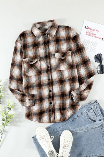 Brown Button Up Collared Plaid Shacket