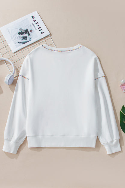 White Sequin Rugby Football Pattern Exposed Seam Sweatshirt