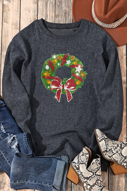 Gray Christmas Wreath Print Graphic Sweatshirt