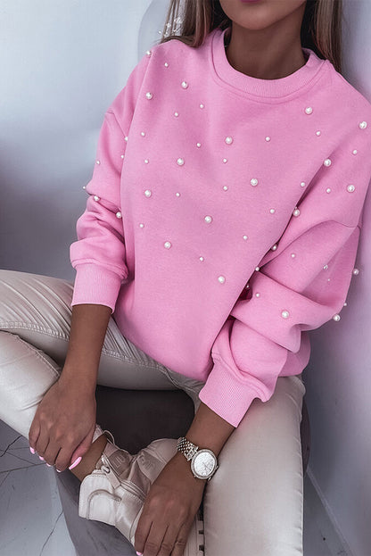 Pink Pearl Decor Contrast Round Neck Sweatshirt