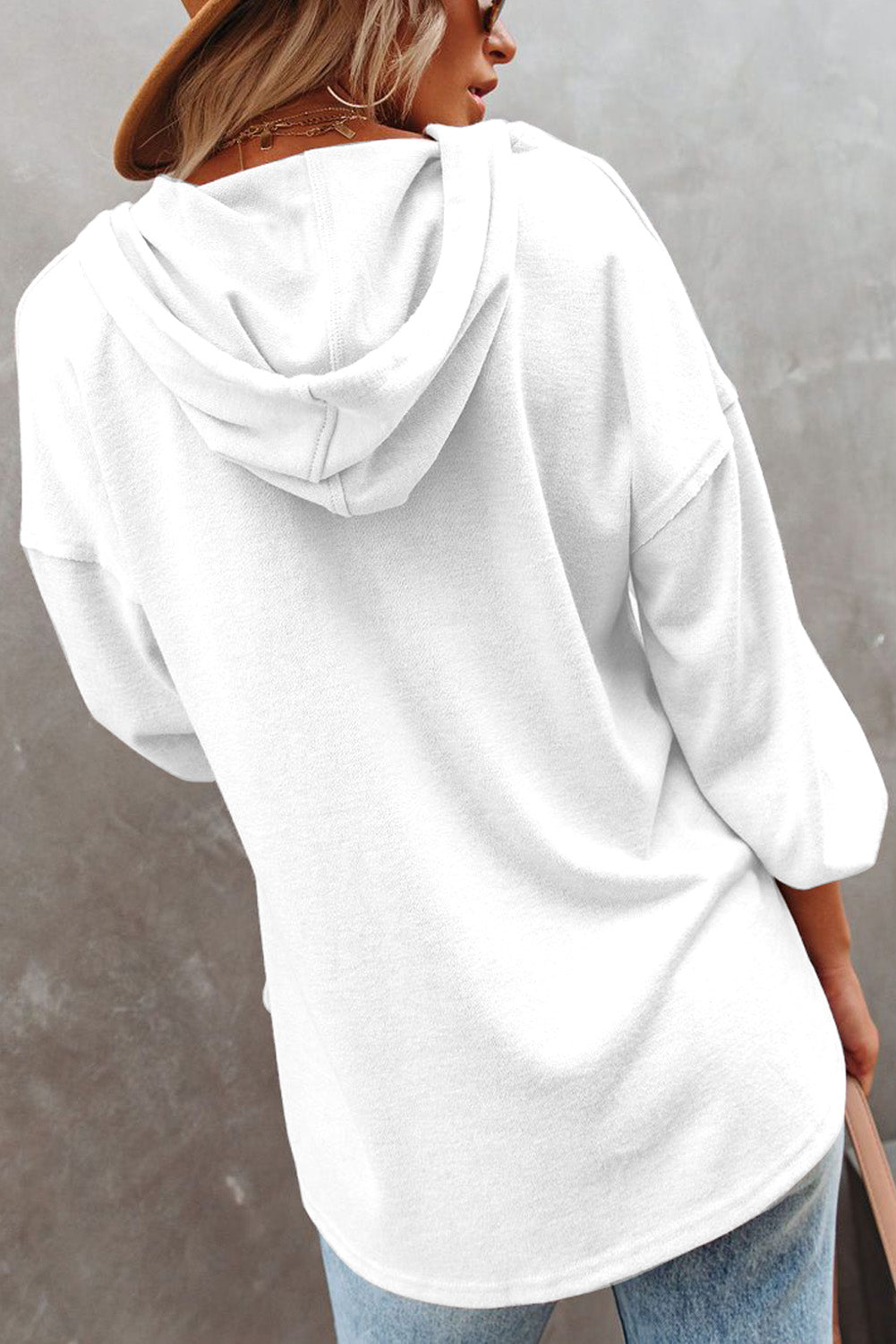 White Button Front Pullover Hooded Sweatshirt