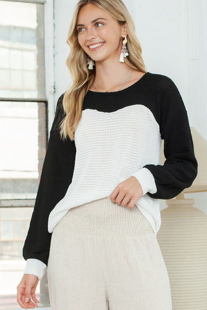 Black and White Color Block Waffle Knit Pullover