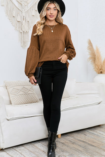 Brown Solid Color Textured Pullover Casual Top