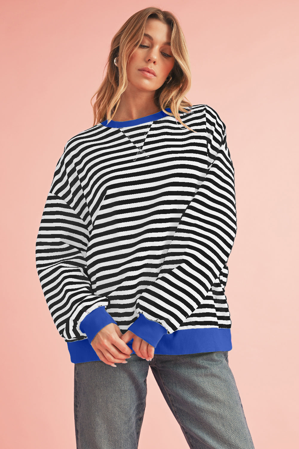 Sky Blue Stripe Contrast Edge Oversized Pullover