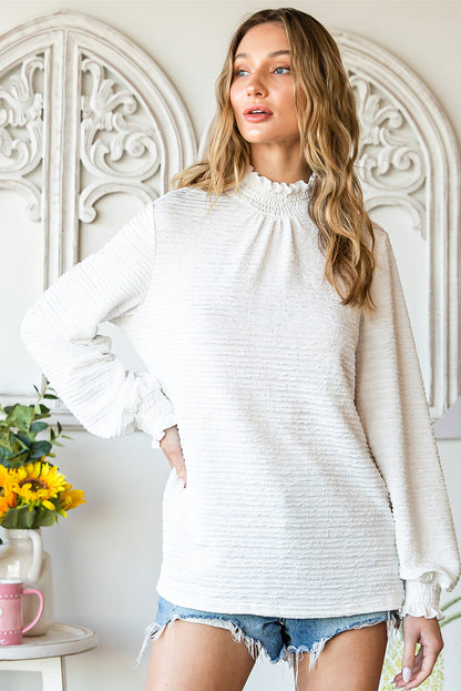 White Frill Smocked Casual Textured Bishop Sleeve Blouse