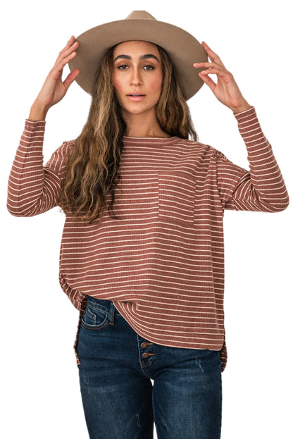 Stripe Side Slits Stitching Patchwork Long Sleeve Top