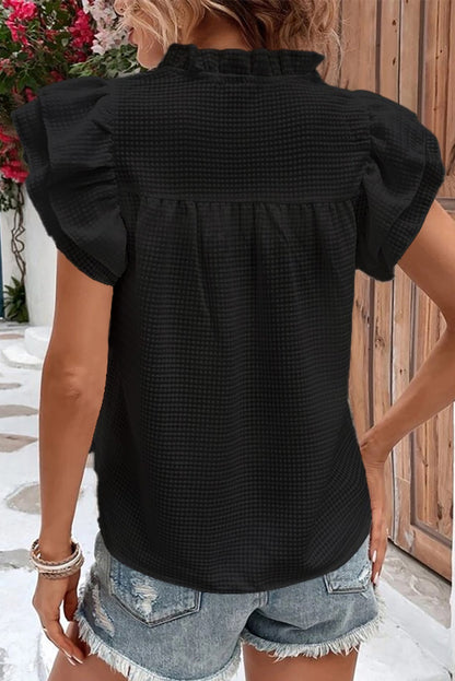 Black Basic Textured V Neck Tiered Ruffle Sleeve Blouse