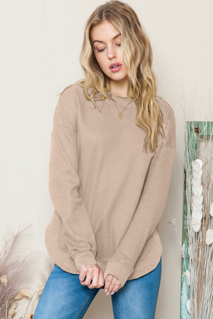 Pink Waffle Knit Crew Neck Casual Long Sleeve Top