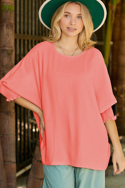 Pink Casual Shirred Cuffs Half Sleeve Top