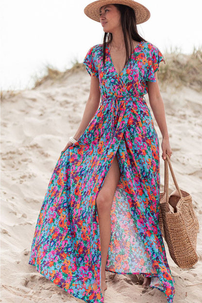 Blue Boho Floral Print V Neck Wrap Split Maxi Dress