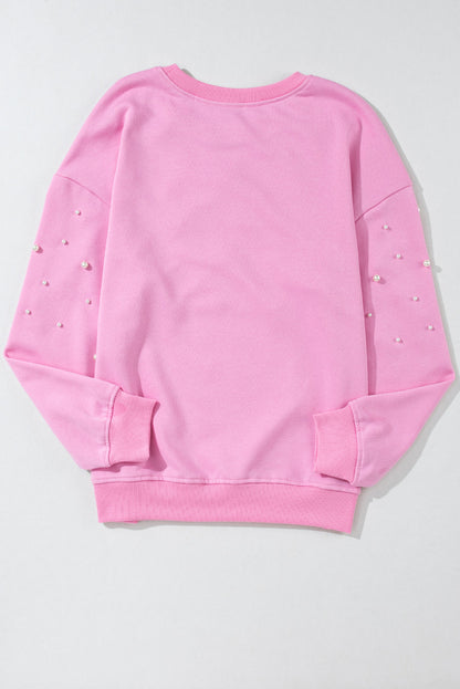 Pink Pearl Decor Contrast Round Neck Sweatshirt