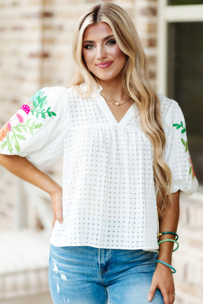 White Floral Embroidered Puff Sleeve Notched Neck Blouse