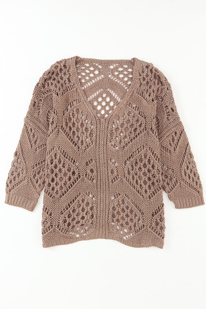 Khaki Hollowed Knit V Neck Dolman Sleeve Sweater