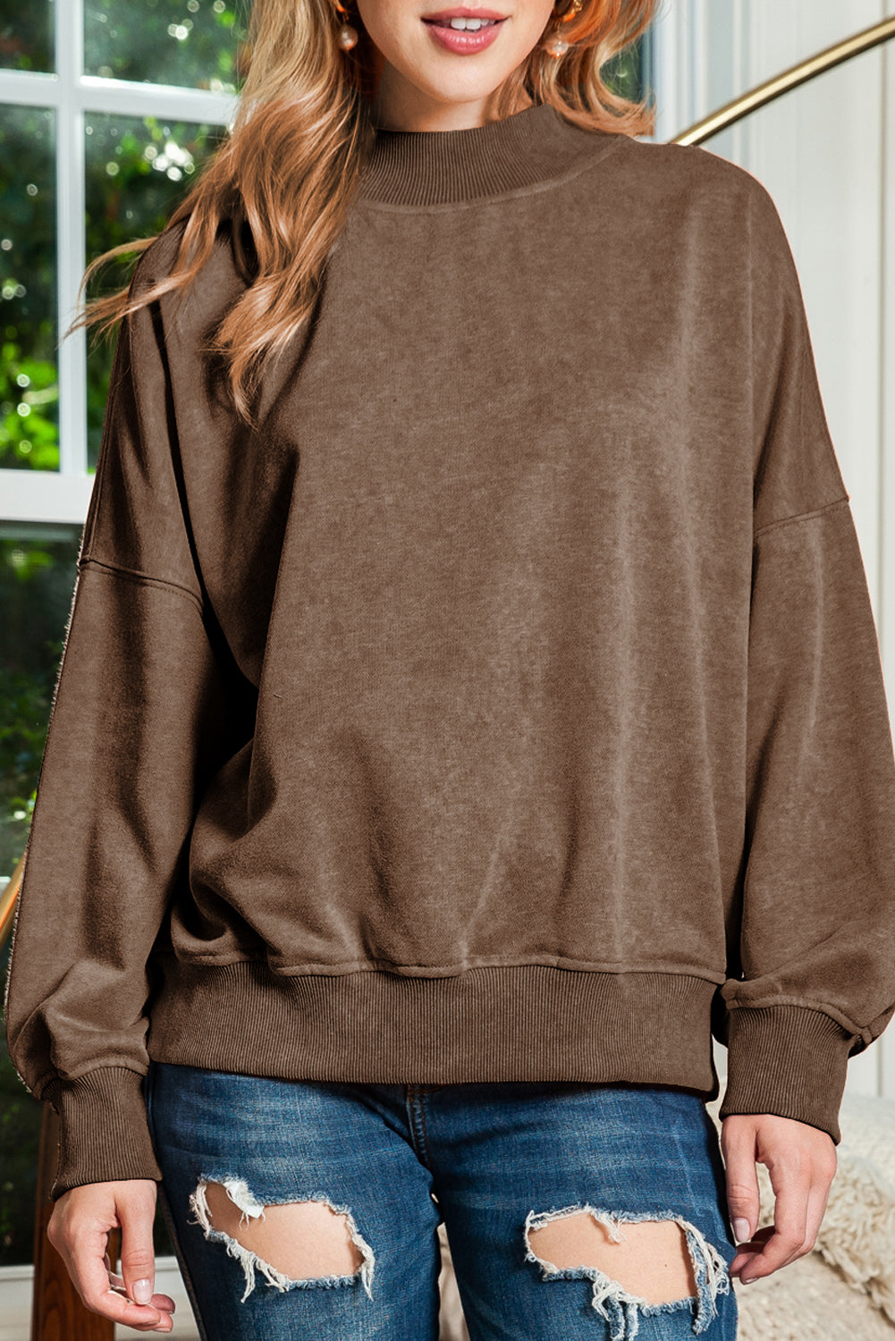 Brown Drop Shoulder Crew Neck Pullover Sweatshirt