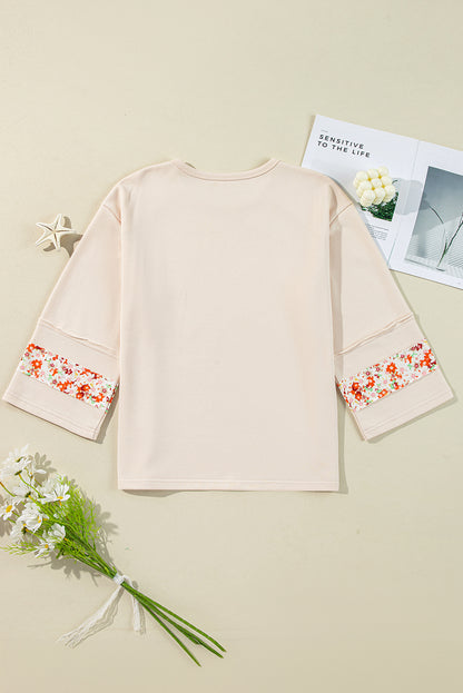 Beige Flower Exposed Seam Patchwork Loose Top