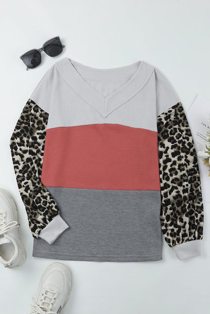 Leopard Print Color Block Waffle Knit Top