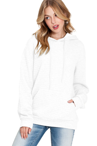 White Lattice Textured Kangaroo Pocket Hoodie