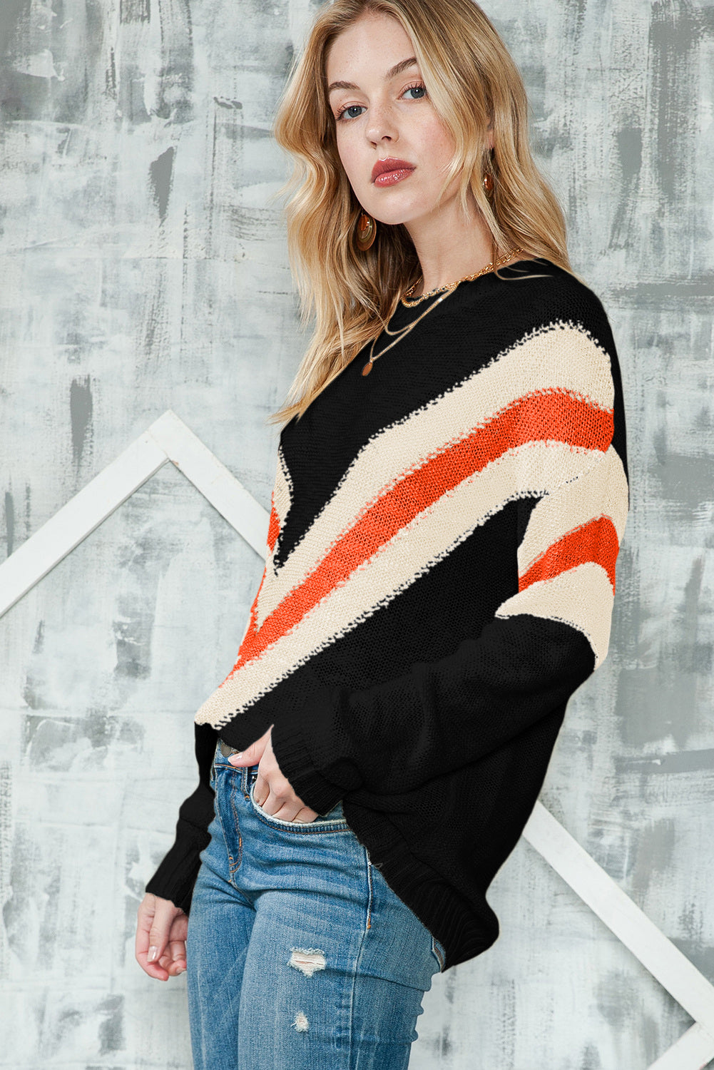 Chevron Striped Drop Shoulder Sweater