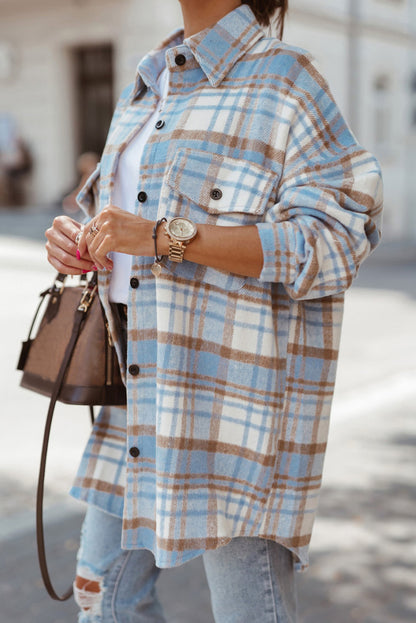 Red Plaid Flap Pocket Long Sleeve Oversized Shacket