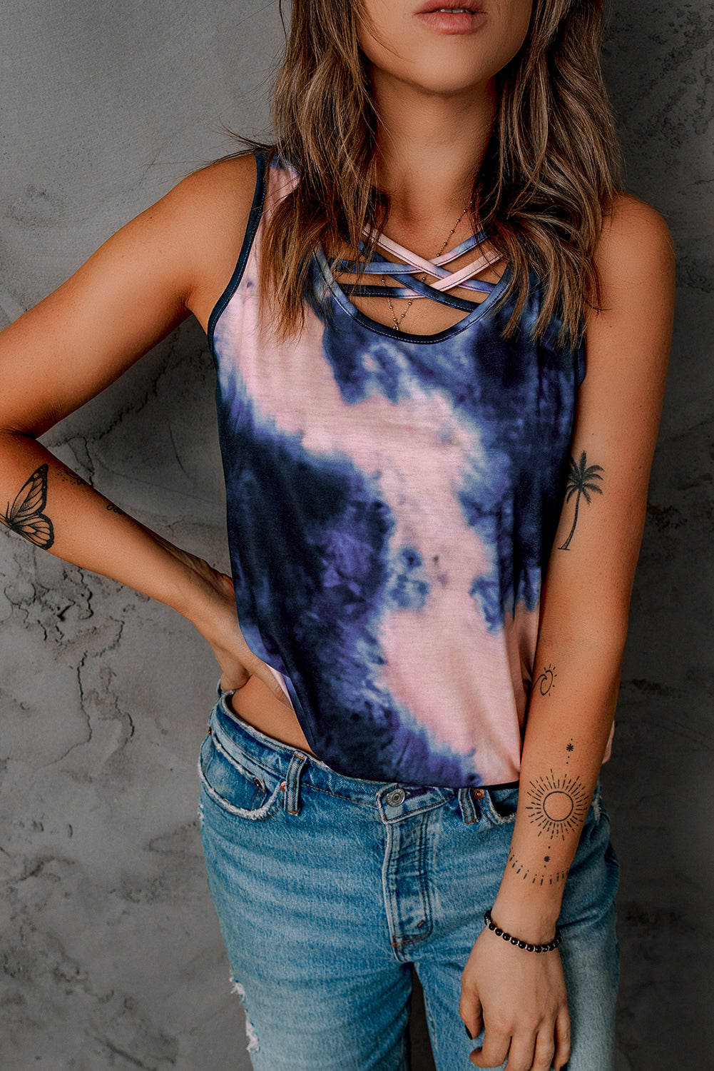 Tie Dye Cross Neck Color Block Casual Tank Top