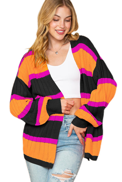 Orange Stripe Print Ribbed Knit Sweater Cardigan