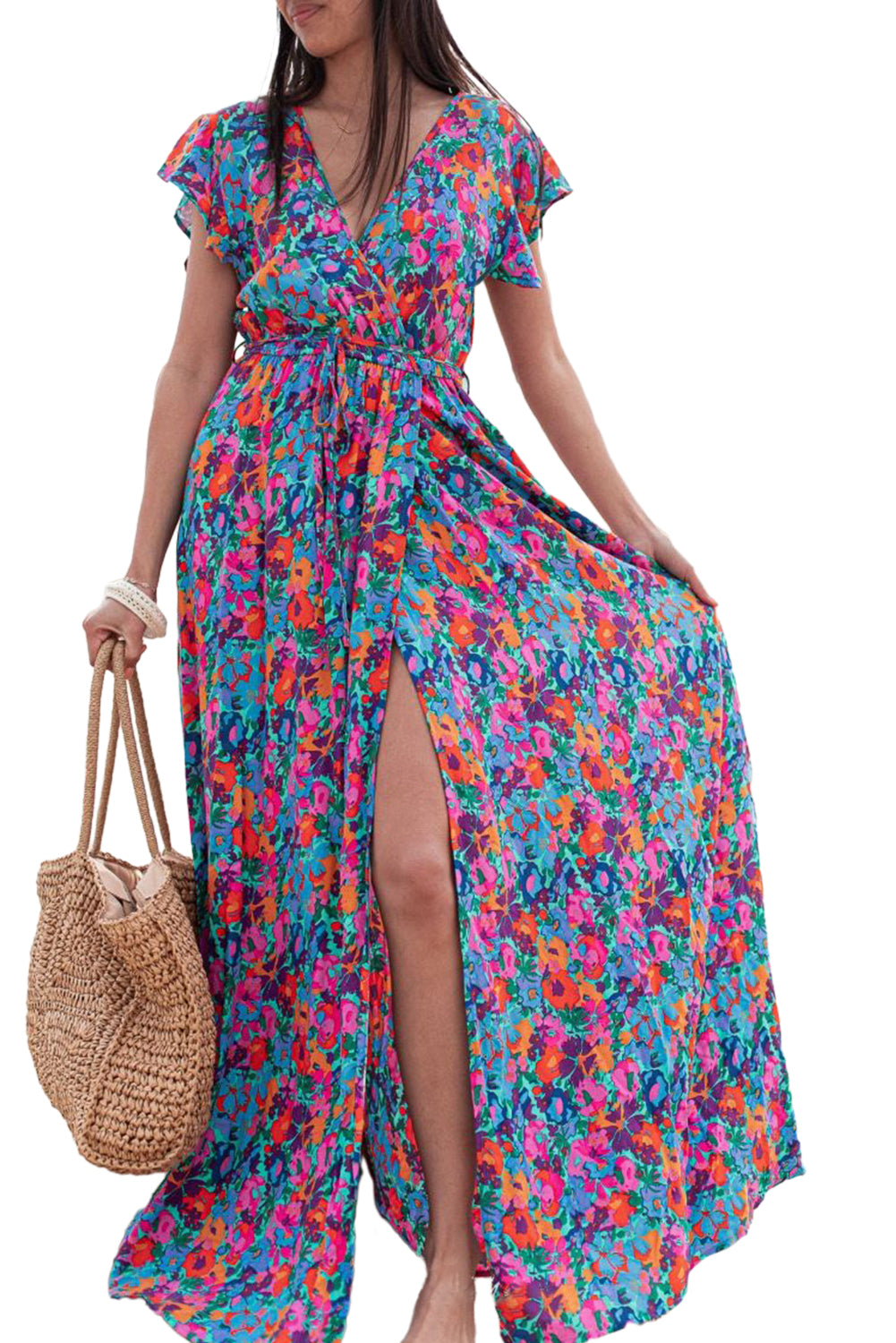 Blue Boho Floral Print V Neck Wrap Split Maxi Dress