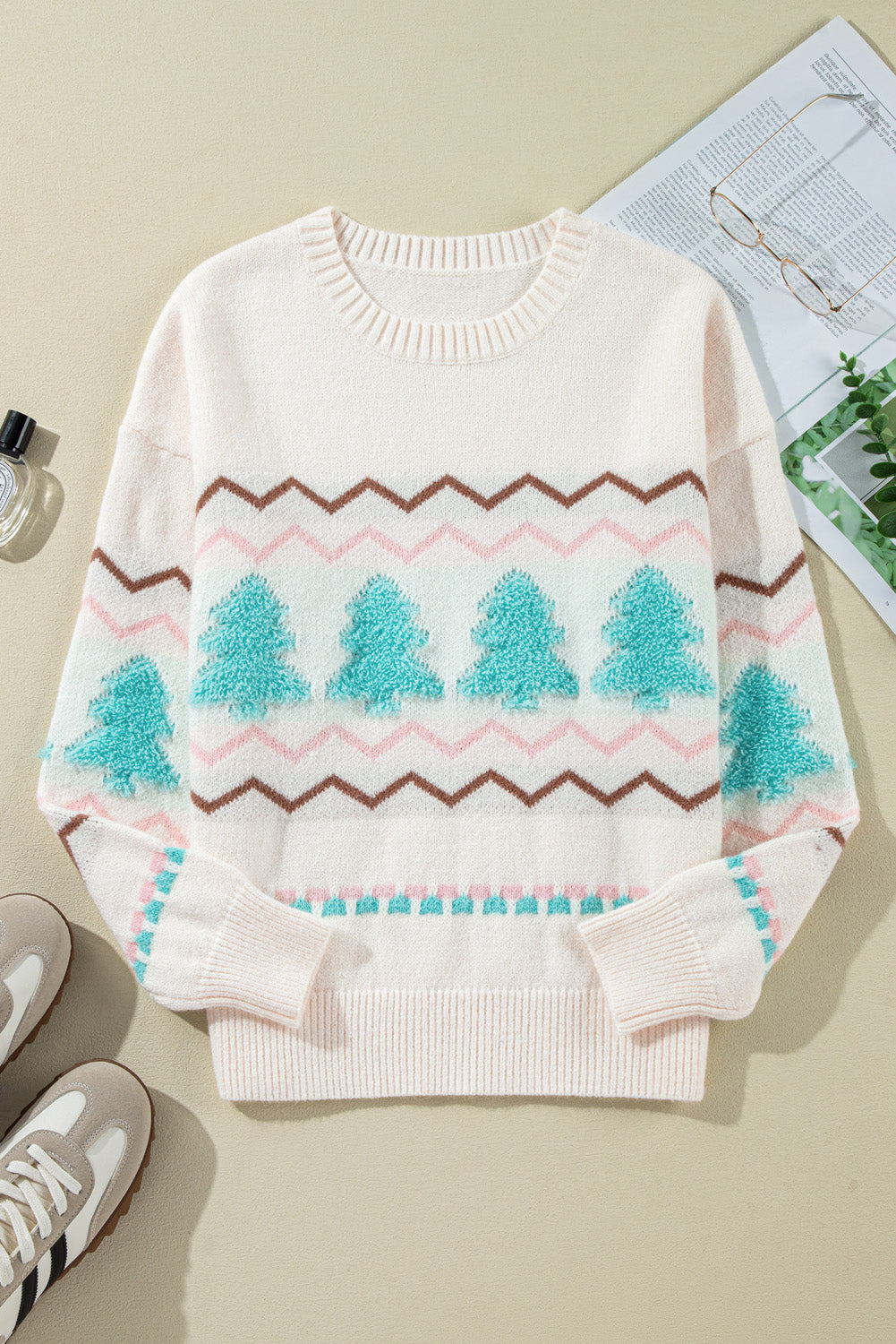 White Christmas Tree Wavy Striped Drop Sleeve Sweater