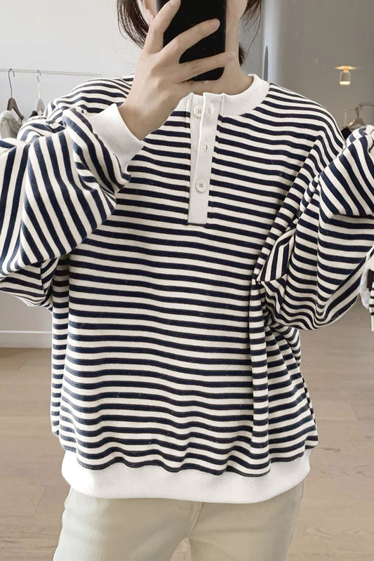 White Stripe Buttoned Crew Neck Oversized Sweatshirt