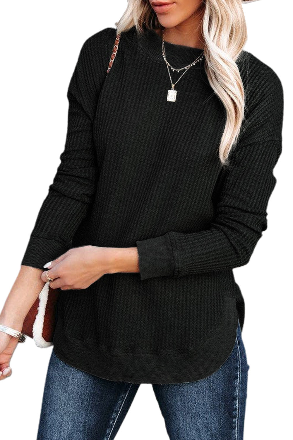 Pink Waffle Knit Crew Neck Casual Long Sleeve Top