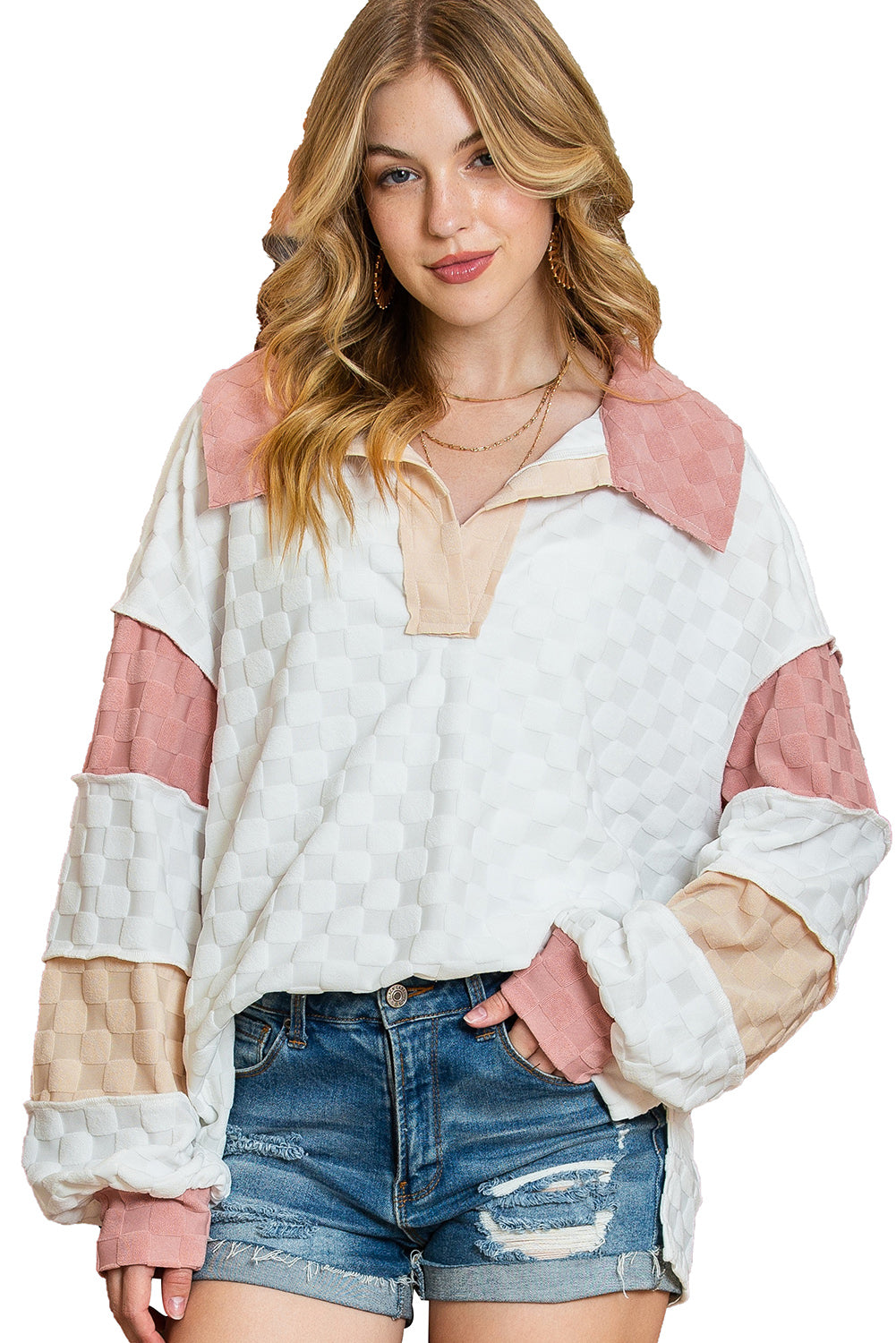 White Patchwork Lantern Sleeve Collared Top