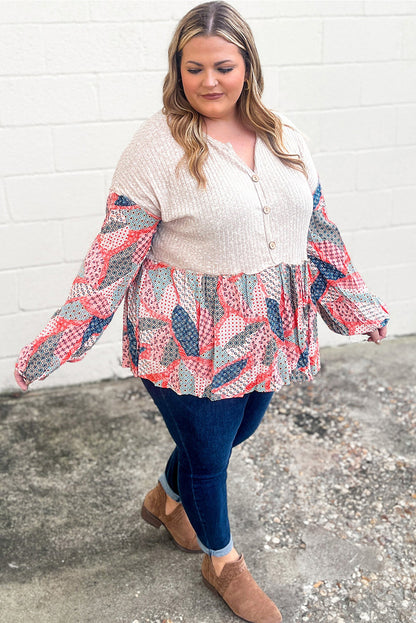 Apricot Plus Size Patchwork Textured Buttoned Blouse