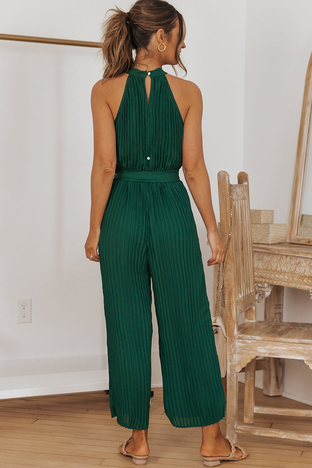 Black Elegant Halter Neck Belted Wide Leg Jumpsuit