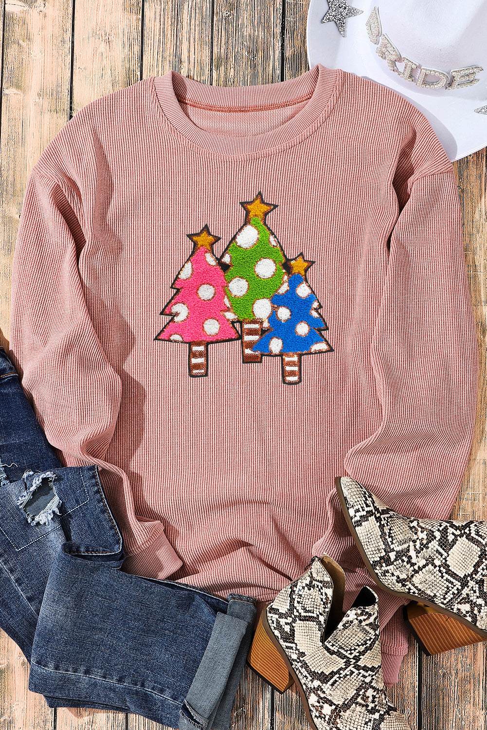 Pink Corduroy Christmas Tree Sequin Graphic Sweatshirt