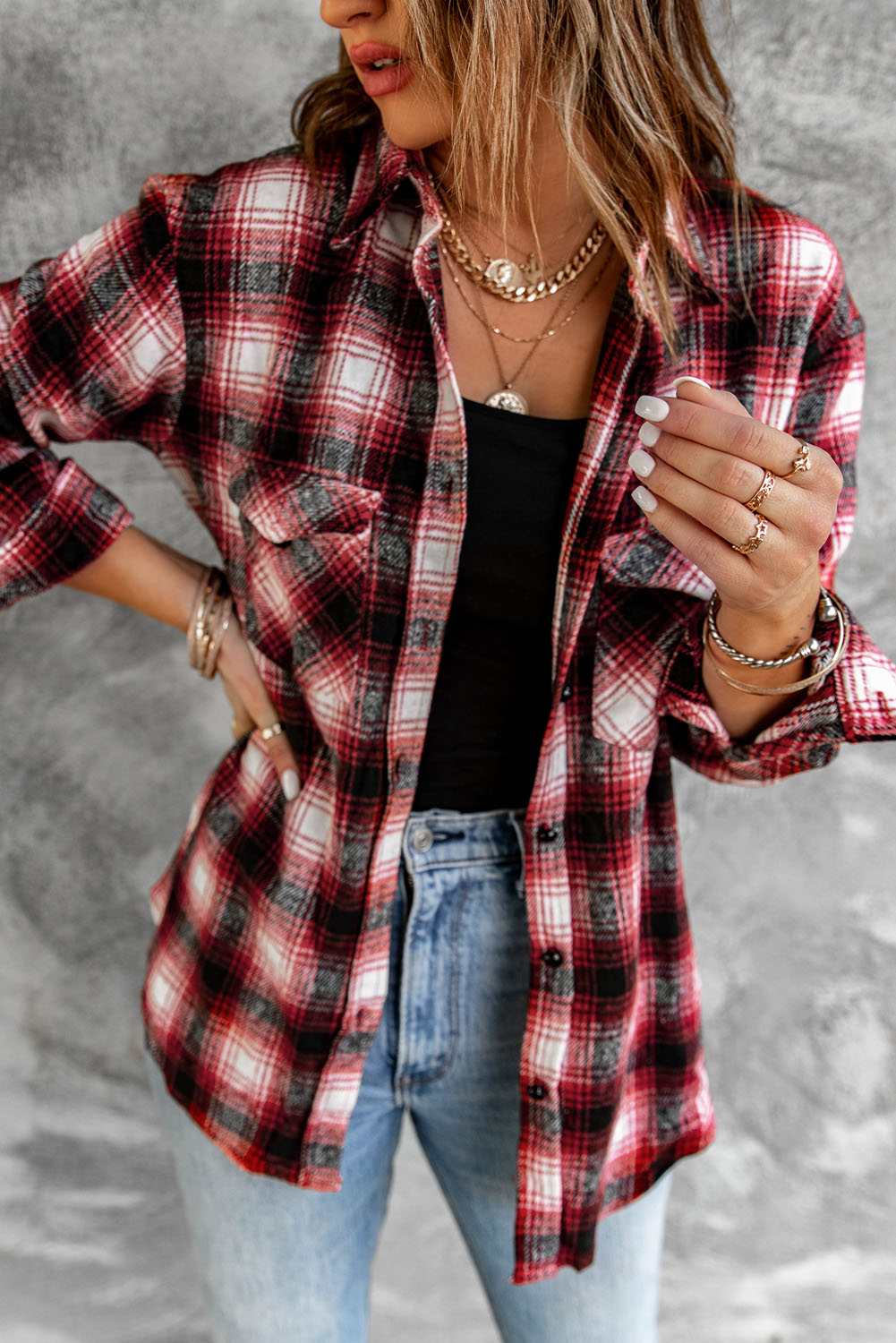 Brown Button Up Collared Plaid Shacket