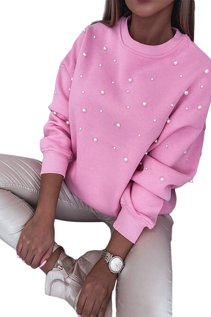 Pink Pearl Decor Contrast Round Neck Sweatshirt