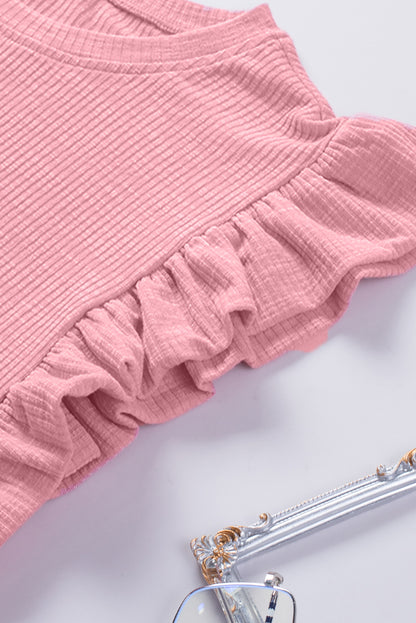 Pink Ruffle Sleeve Crewneck Ribbed Crop Top