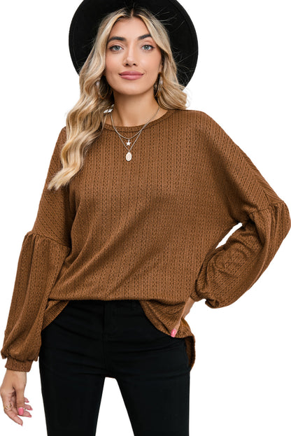 Brown Solid Color Textured Pullover Casual Top