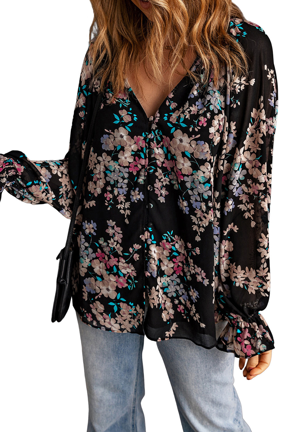 Black Floral Boho Chiffon Ruffle Blouse