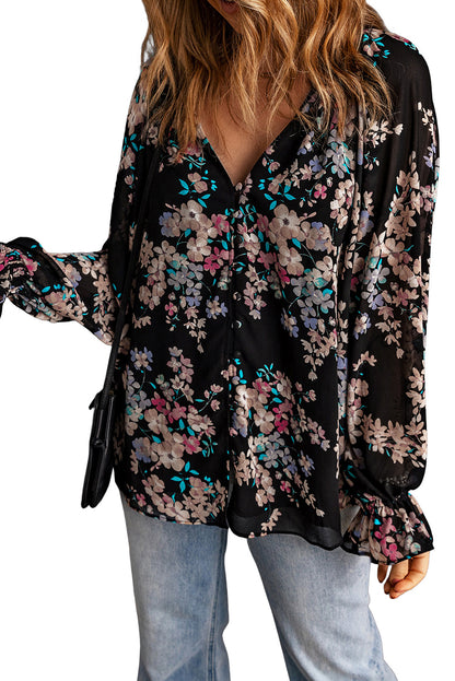 Black Floral Boho Chiffon Ruffle Blouse