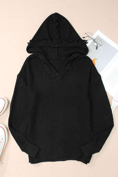 Grey Split V Neck Casual Knit Hooded Sweater