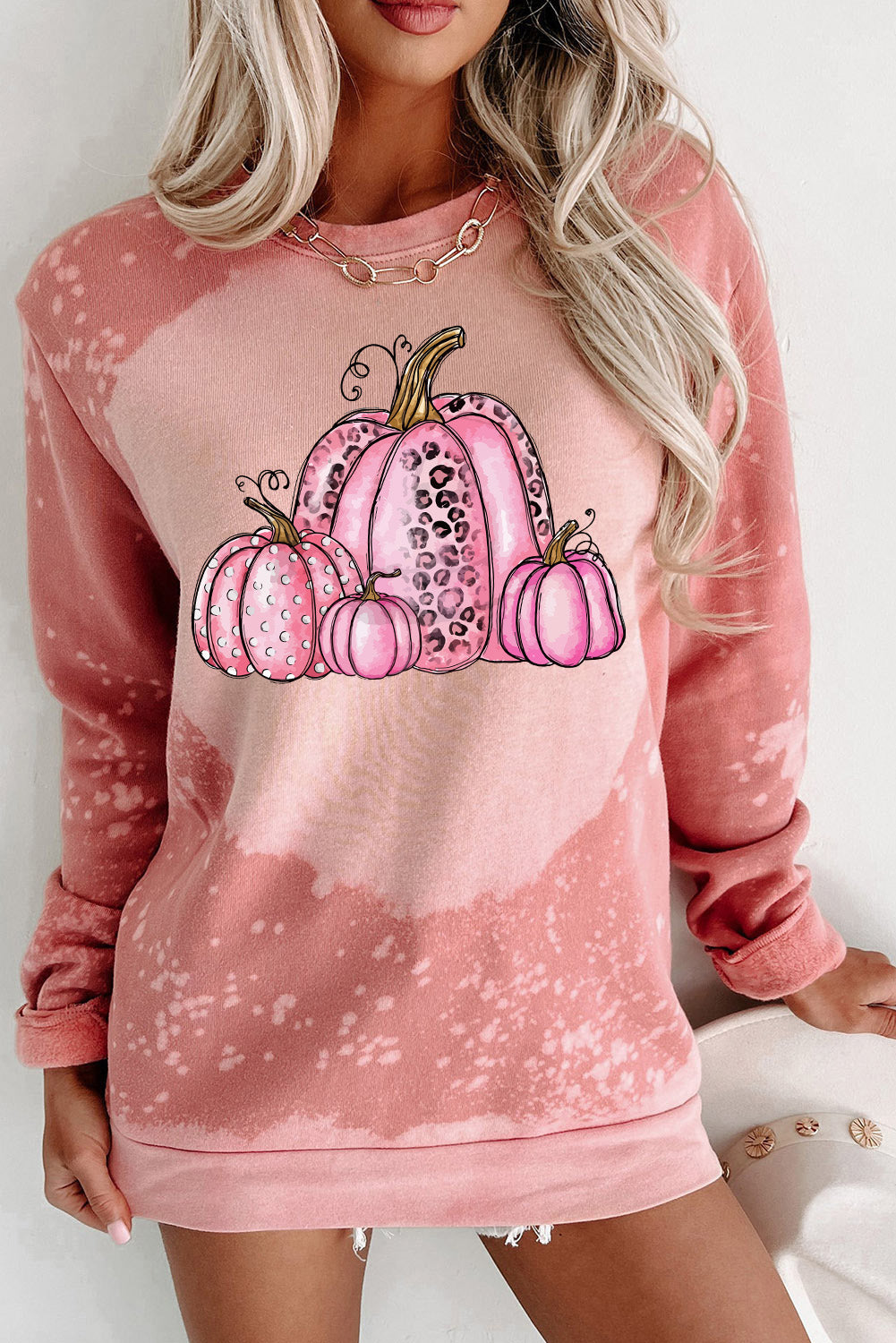 Pink Pumpkin Bleached Tie Dye Graphic Sweatshirt